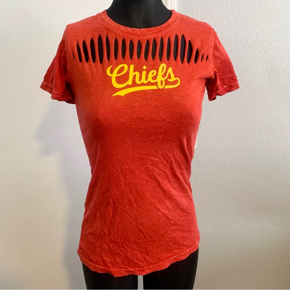 Womens Red Kansas City Chiefs football Acid Wash/ Hand cut-out Crew neck shirt